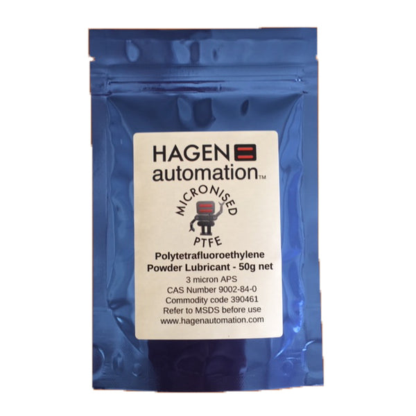 PFTE Powder lubricant 50g Hagen Automation for chain waxing Blue foil pack on white background