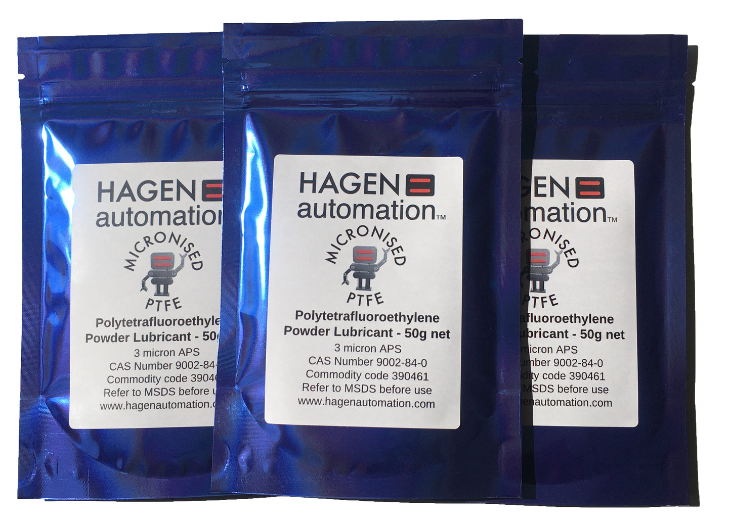 Three packs PTFE Powder lubricant 50g Hagen Automation for chain waxing Blue foil pack on white background