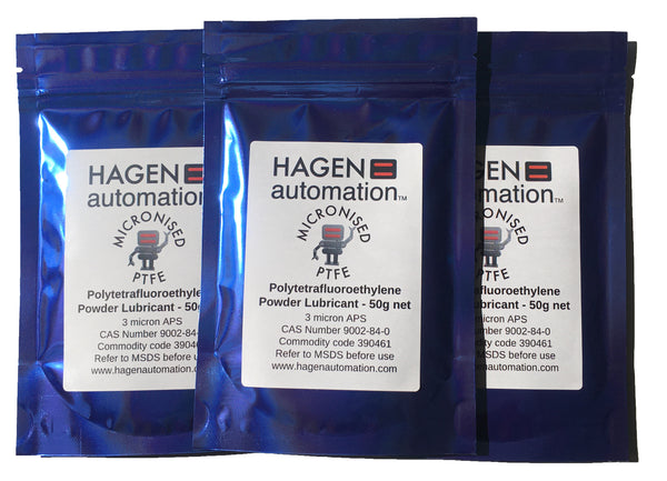 Three packs PFTE Powder lubricant 50g Hagen Automation for chain waxing Blue foil pack on white background