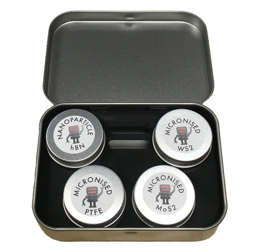 Four Powder Lubricant tins WS2 x 10ml , MoS2 x 10ml , hBN x 10ml and PTFE x 10ml